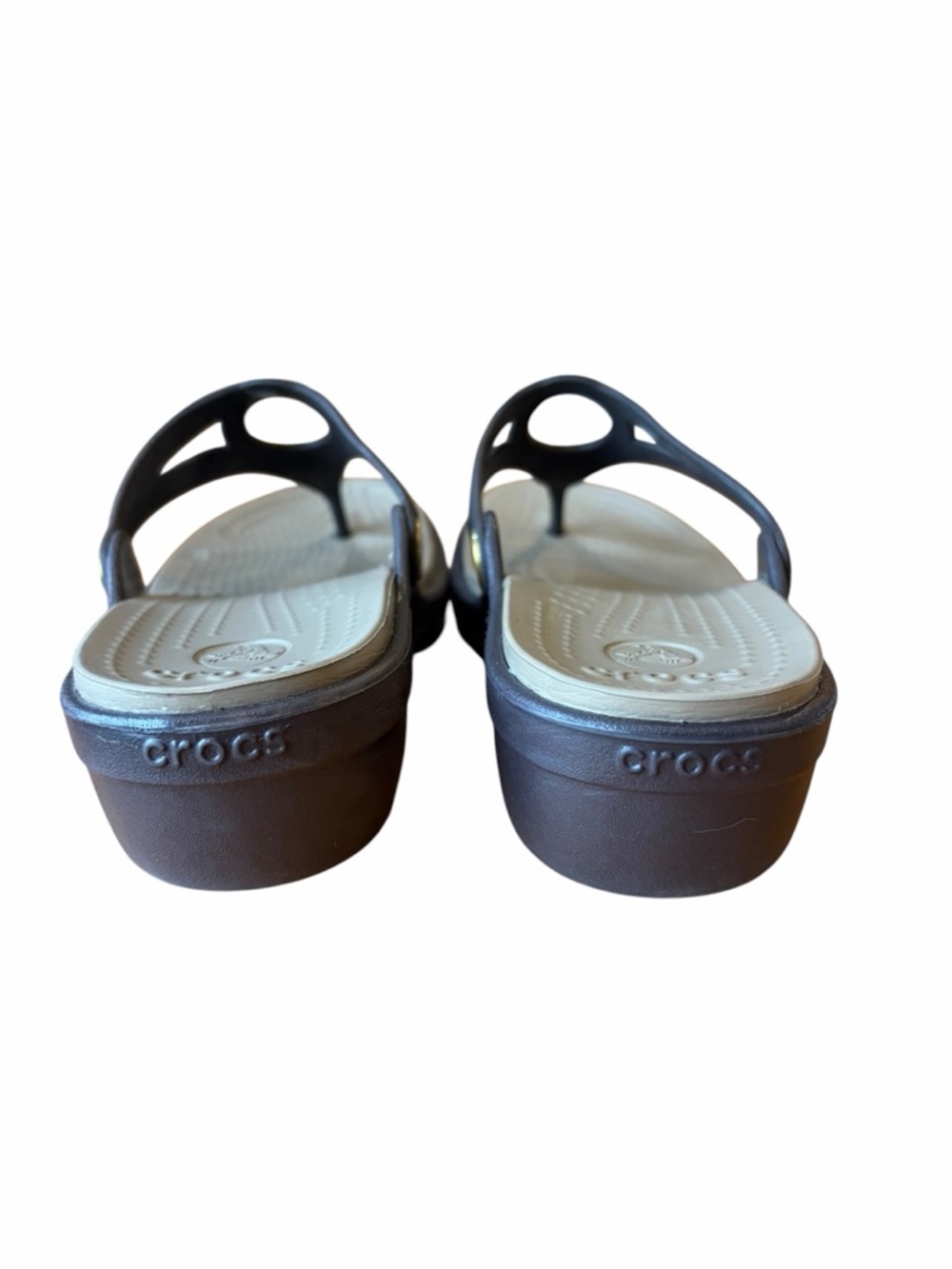 CROCS Brown Thong Sandal Wedge with Gold Beveled Circle - Picture 5 of 6
